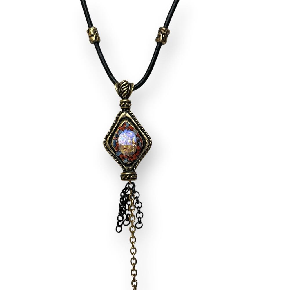 Chicos Drop Tassel Pendant Necklace Blue Gold Shimmer Resin Foil Stone Bohemian